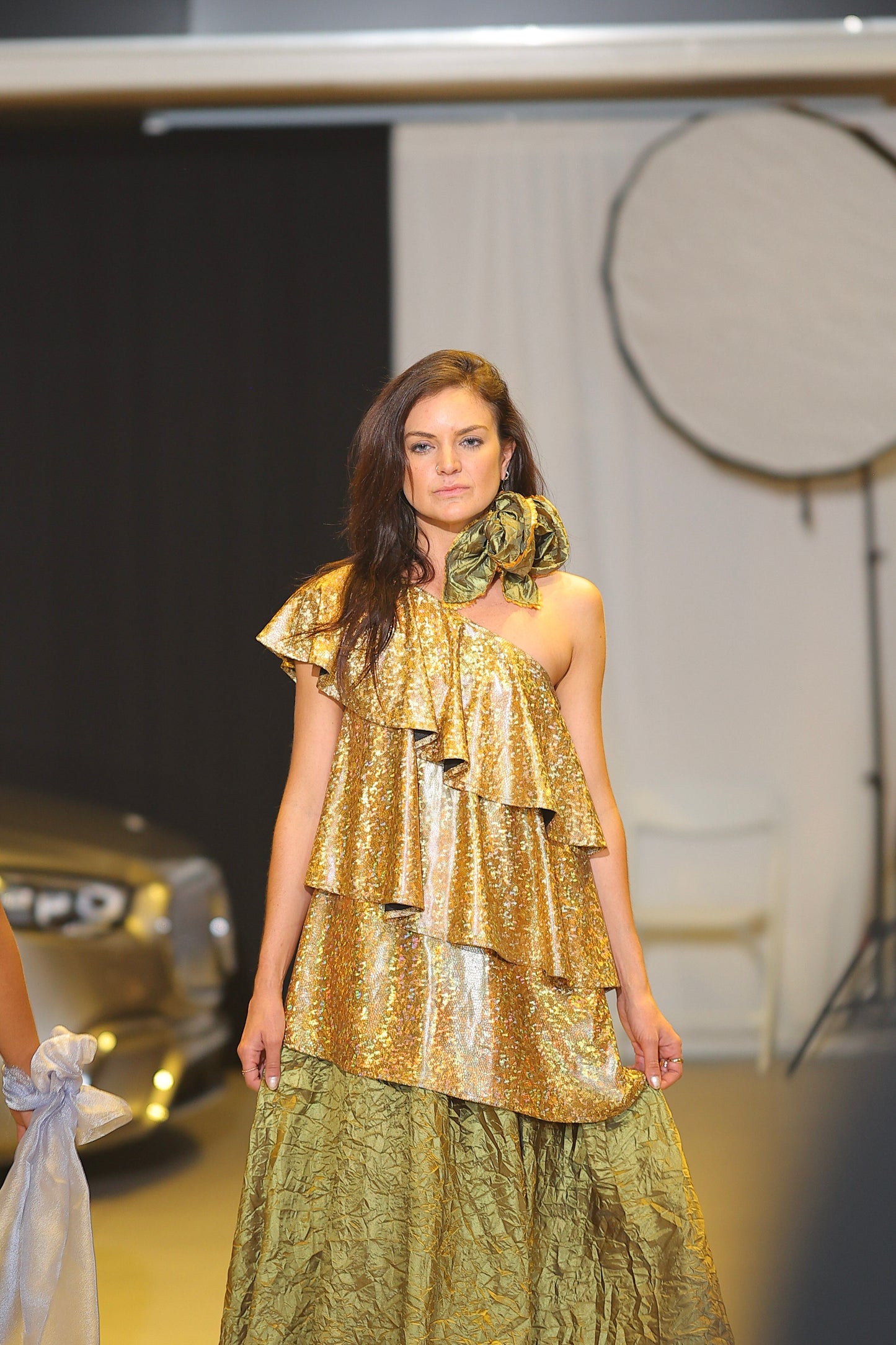 Women's Gold and Green Evening Gown (Top + Skirt)